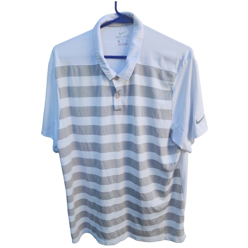 Nike Golf Dri-FIT Polo Shirt Mens XL White Grey Striped Short Sleeve Performance